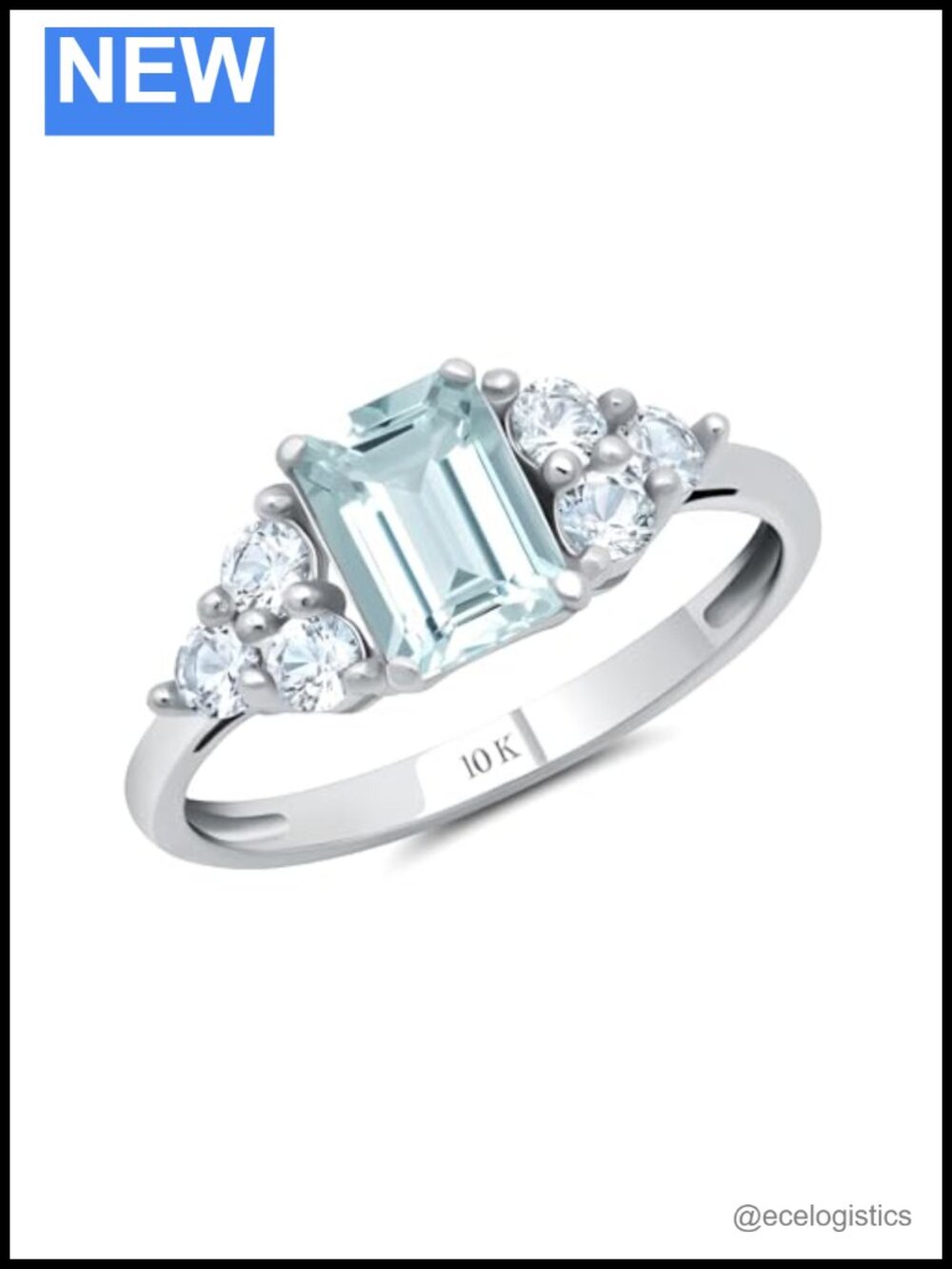 10K White Gold Aquamarine Cocktail Ring Emerald Cut Halo Statement